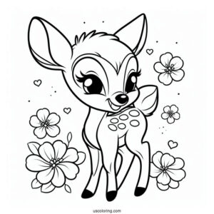 Smiling Bambi, Blossom, And Flower Coloring In For Kids v2