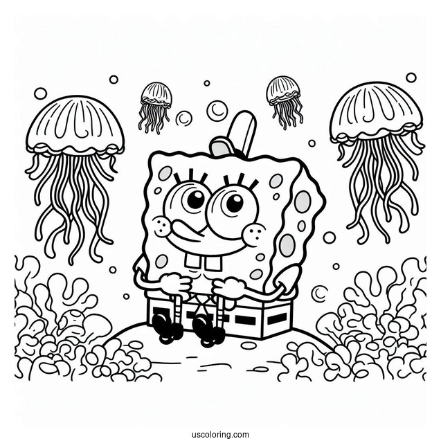 SpongeBob Coloring Page Sitting On Jellyfishes