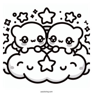 Kawaii Little Twin Stars On A Cloud Coloring Sheet