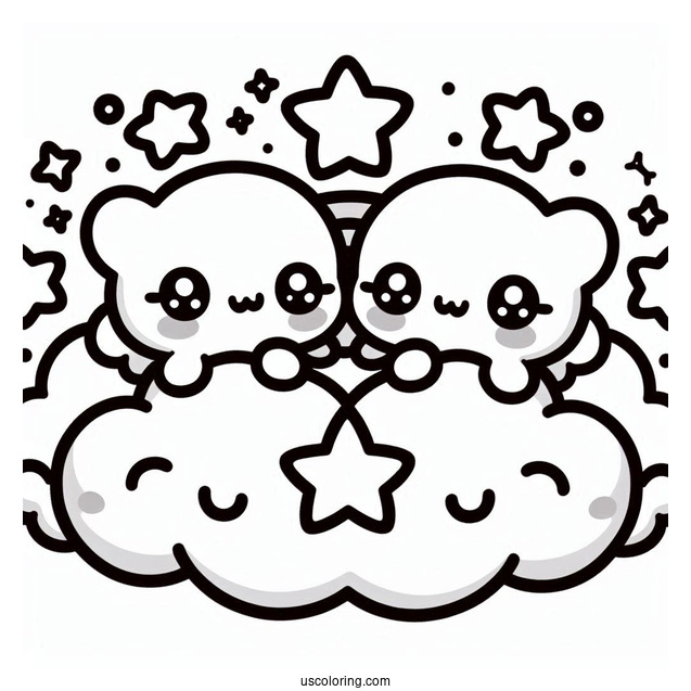Kawaii Little Twin Stars On A Cloud Coloring Sheet