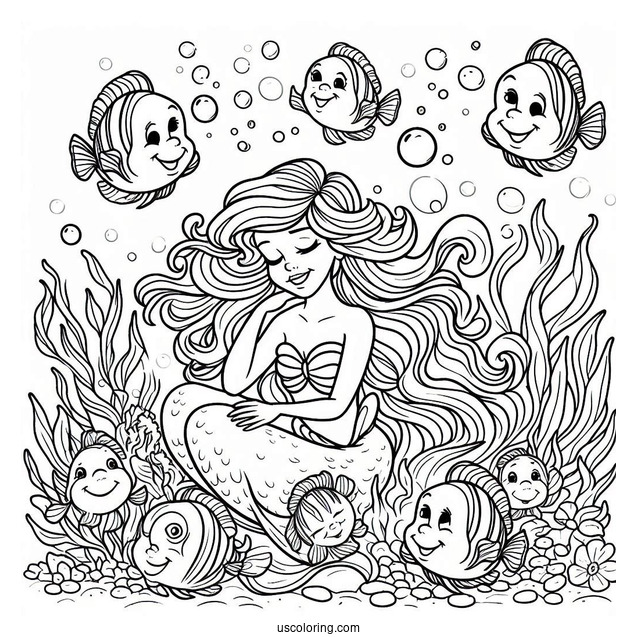 Coloring Page Of Ariel Under The Sea With Flounders