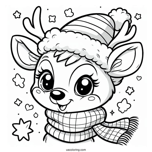 Easy Rudolph Coloring Page Wearing A Santa Hat And A Scarf