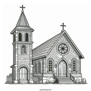 Brick Church Coloring Page Building With Crosses And A Bell Tower