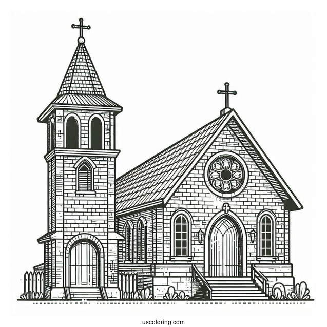 Brick Church Coloring Page Building With Crosses And A Bell Tower