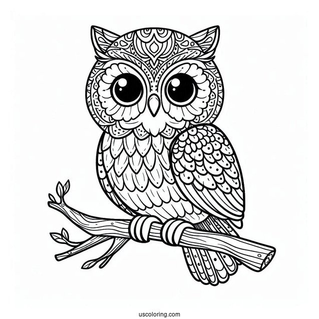 Owl Sitting On Branch With Big Eyes