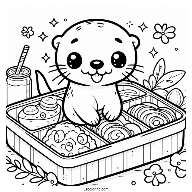 Otter Coloring Page In Bento Box With Cartoon Food