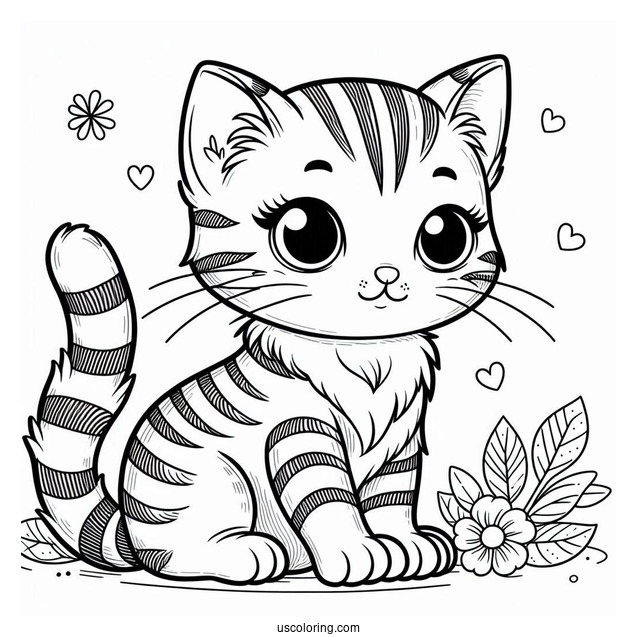 Pretty Striped Cat Sitting Coloring Sheet