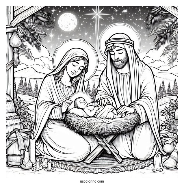 Nativity Coloring Page Of Mary And Joseph Watching Over Newborn Jesus Nativity