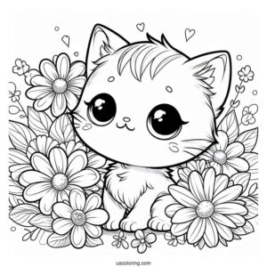 Chibi Kitten Among Flowers