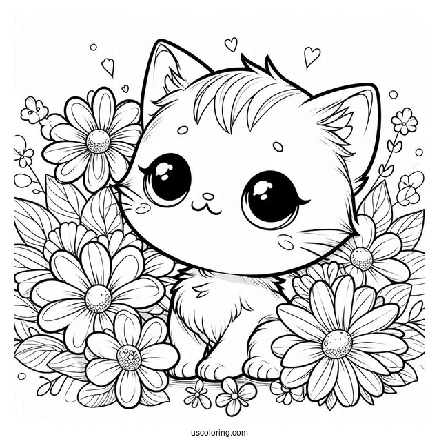 Chibi Kitten Among Flowers