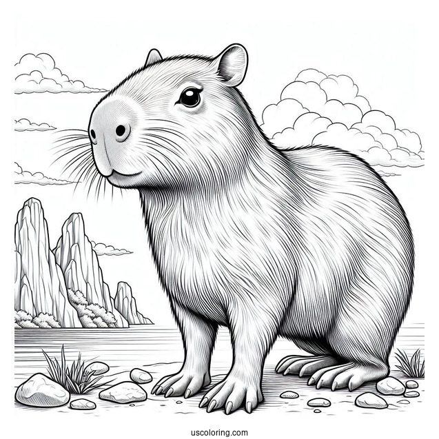 Realistic Capybara Coloring Page Standing On Cliff