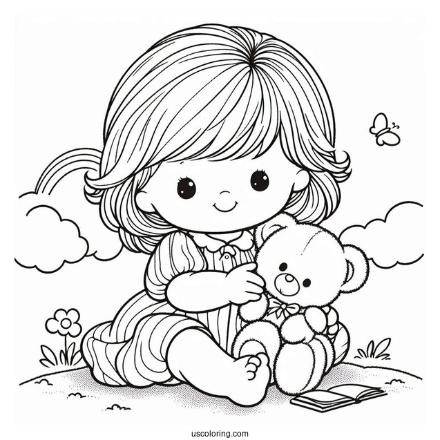 Precious Moments Coloring Page Of Toddler Holding Teddy Bear For Preschoolers