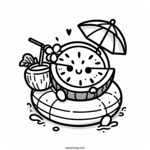 Summer Coloring Page Of Happy Watermelon On A Floatie With A Coconut Drink