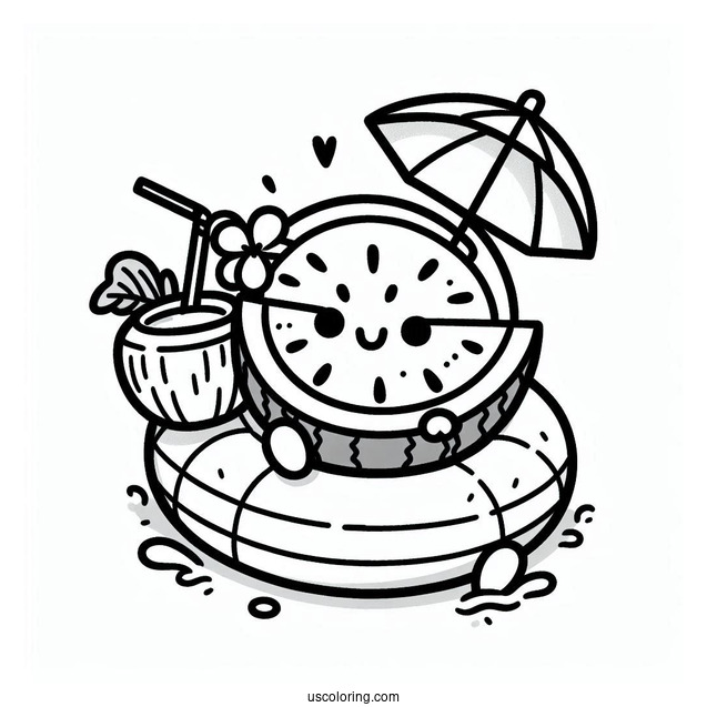 Summer Coloring Page Of Happy Watermelon On A Floatie With A Coconut Drink