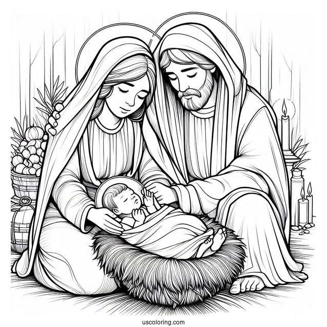 Nativity Coloring Page Of Mary And Joseph Cradling Newborn Jesus