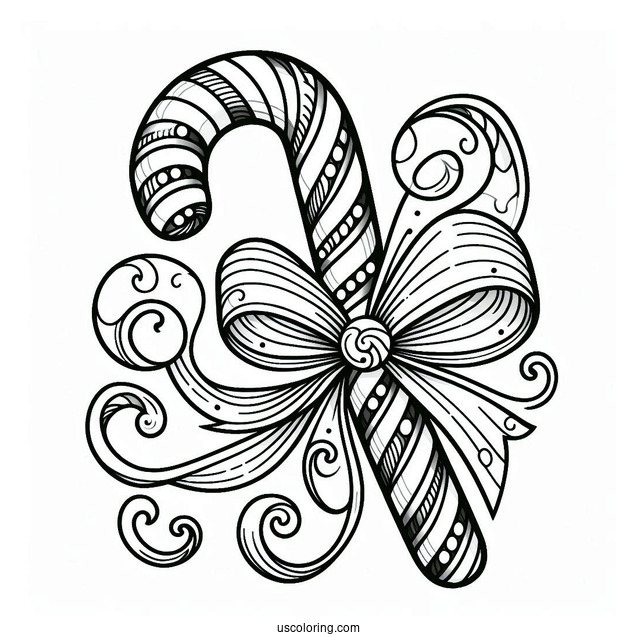 Swirly Candy Cane Coloring Page With Ribbon