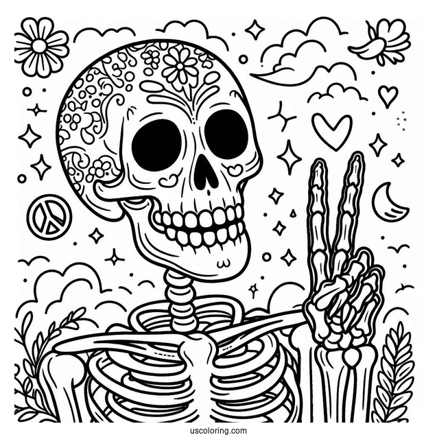 Smiling Skeleton Coloring Page Doing Peace Sign