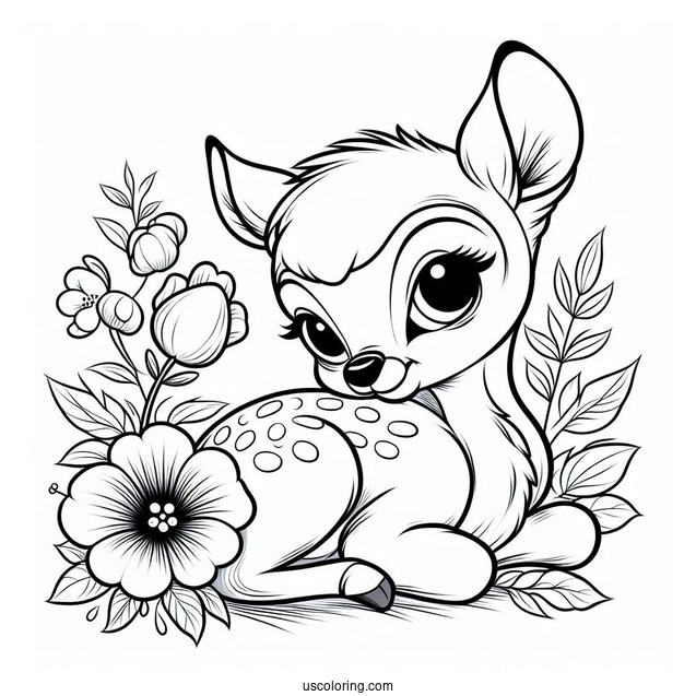 Detailed Coloring Sheet Of Bambi With Flower And Violet
