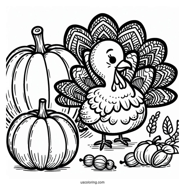 Happy Thanksgiving Turkey With Pumpkin Coloring Page