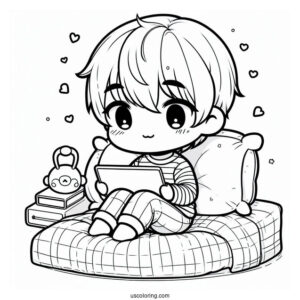 Chibi Little Boy Playing With His Tablet On His Bed