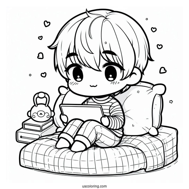 Chibi Little Boy Playing With His Tablet On His Bed