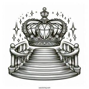 Royal Crown Coloring Page With Large Diamond Displayed on a Grand Staircase