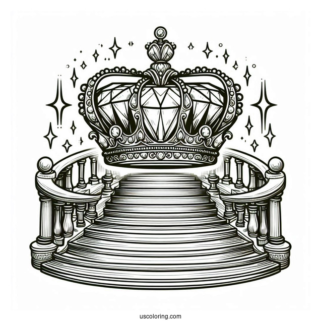 Royal Crown Coloring Page With Large Diamond Displayed on a Grand Staircase