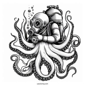 Vintage Diver Holding Octopus Coloring Page
