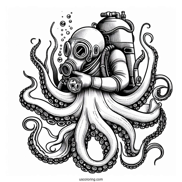 Vintage Diver Holding Octopus Coloring Page