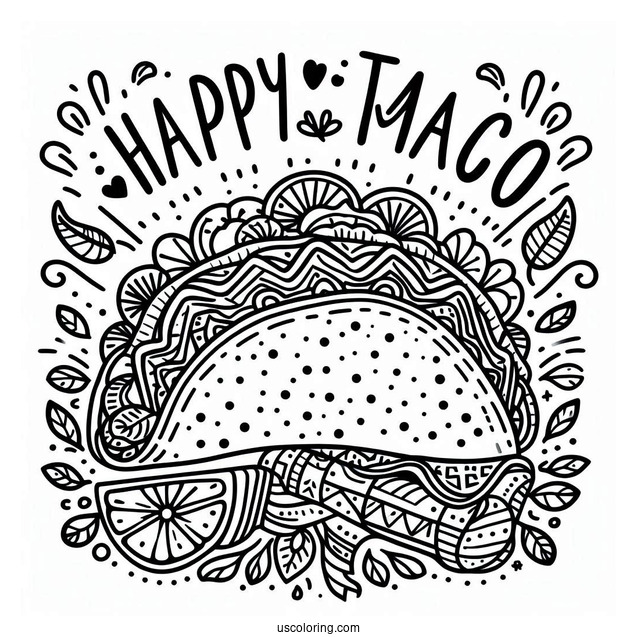 Taco With Happy Cinco De Mayo Greeting Coloring Sheet