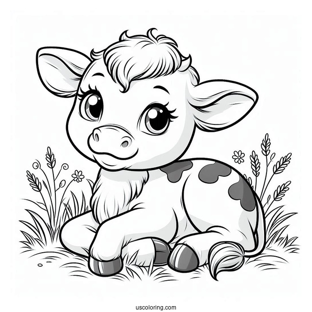 Baby Cow Resting In Grass Coloring Page