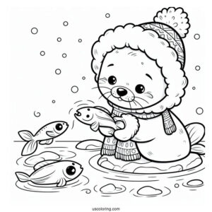 Cartoon Eskimo Feeding Fish To A Seal Coloring Page