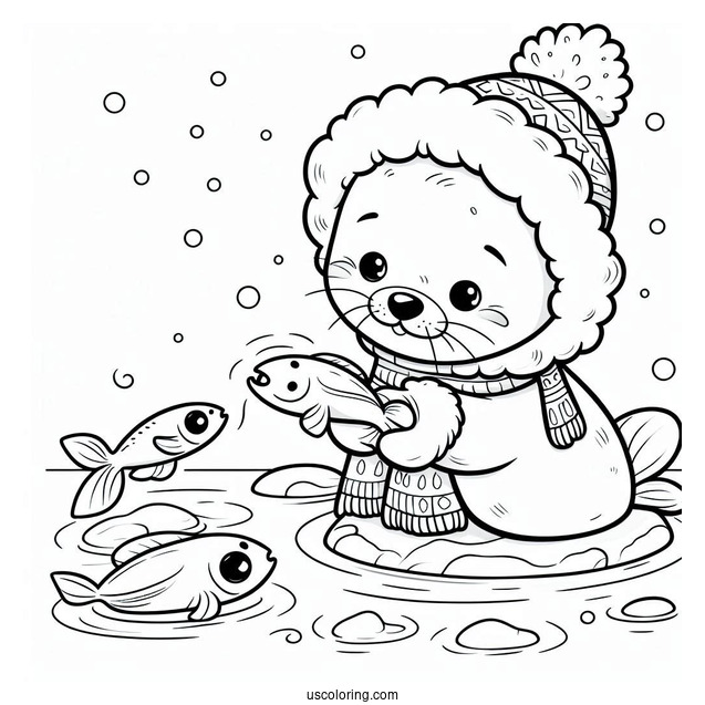 Cartoon Eskimo Feeding Fish To A Seal Coloring Page