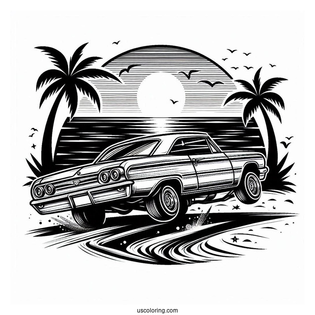 Lowrider Coloring Page Of 1964 Chevy Impala Hopping At The Beach