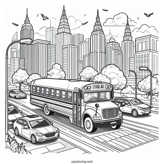 Realistic School Bus Coloring Page In A Busy City