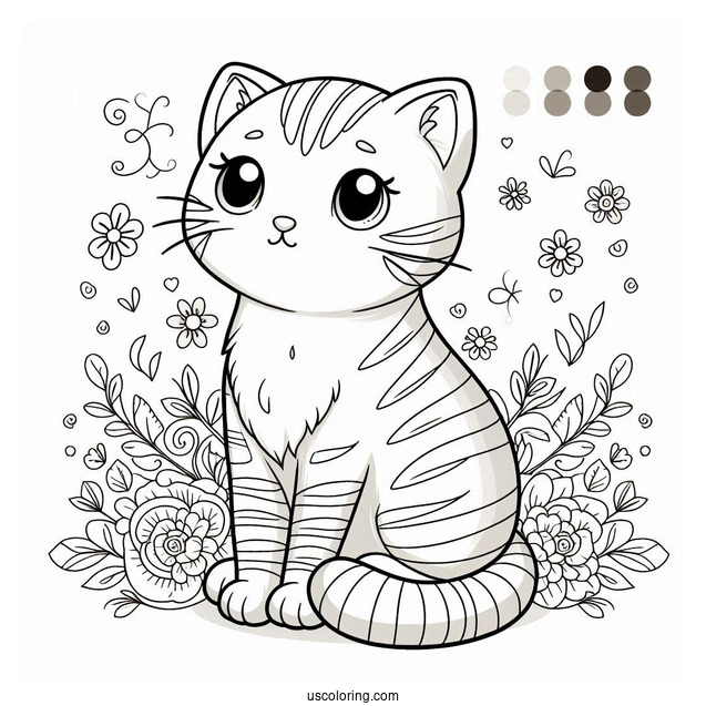 Pretty Striped Cat Sitting Coloring Sheet