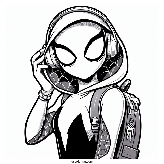 Spider-Gwen Coloring Page Wearing Headphones And Backpack