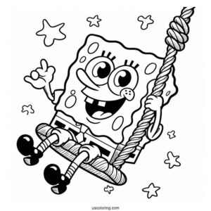 Fun SpongeBob Coloring Page Swinging From A Rope