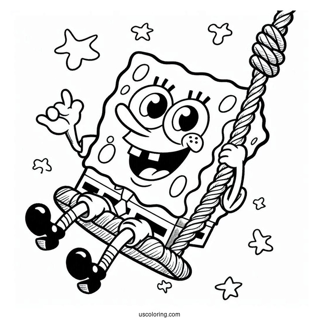 Fun SpongeBob Coloring Page Swinging From A Rope