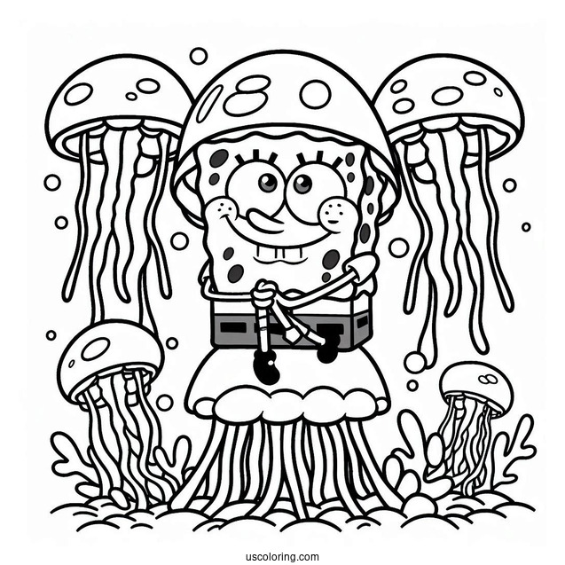SpongeBob Coloring Page Sitting On Jellyfishes