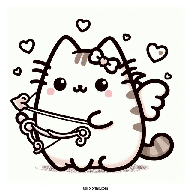 Pusheen Cupid With Bow And Love Hearts To Color