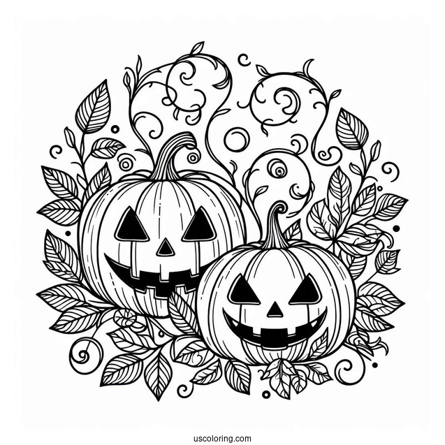 Pumpkin Coloring Page Two Jack O Lantern With Vines
