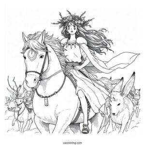 Studio Ghibli Coloring Page of Princess Mononoke San Riding Moro