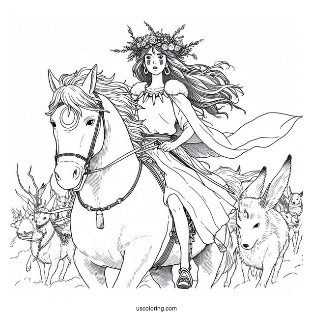 Studio Ghibli Coloring Page of Princess Mononoke San Riding Moro