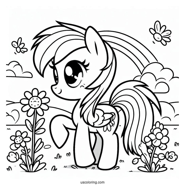 Kawaii Rainbow Dash Coloring Page In Flower Field For Preschoolers