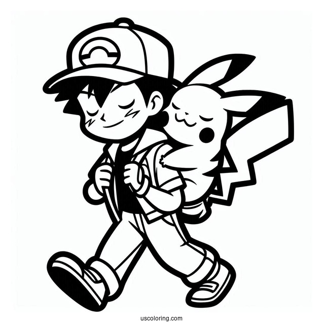 Simple Outline Of Ash Carrying Pikachu Coloring Page