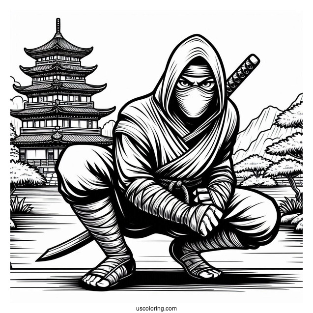 Detailed Ninja Crouching Low Coloring Sheet