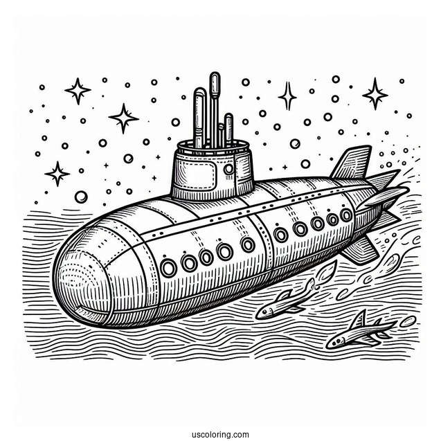 Giant Submarine Coloring Page Near The Surface Of The Water