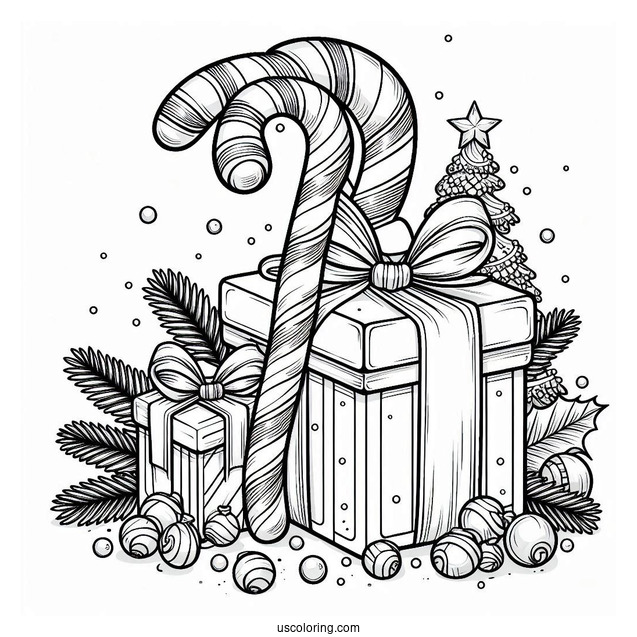 Candy Cane With Christmas Presents To Color