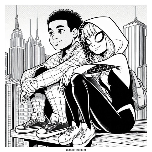 Miles Morales And Spider-Gwen Coloring Page Sitting Together On A Rooftop
